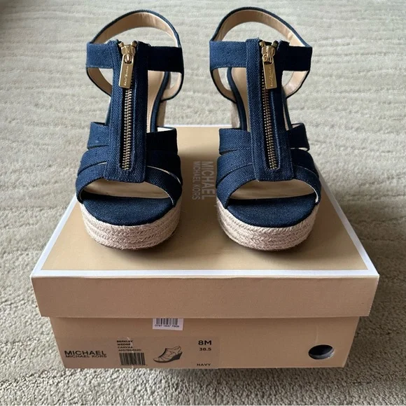 Michael Michael Kors Berkeley Blue Canvas Front Zip Espadrille Wedge Sandals 8M - Picture 14 of 16